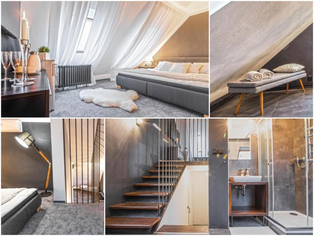 a collage of pictures of a bedroom and a staircase at Apartment Charlie in Prague