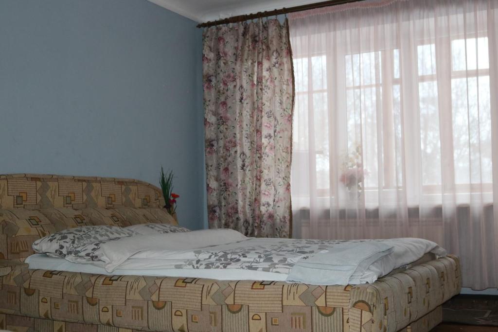 テルノーピリにあるАпартаменти біля озераのベッドルーム1室(ベッド1台付)、窓(カーテン付)