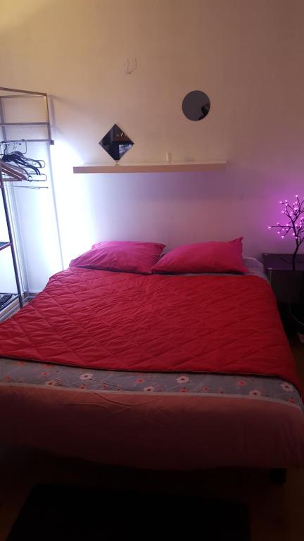 1 dormitorio con cama roja y almohadas rojas en chambre, en Calais