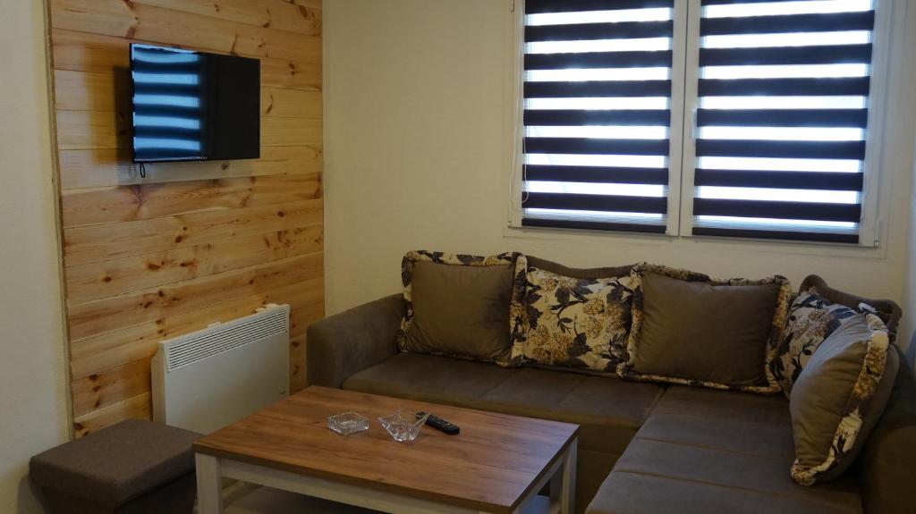 ein Wohnzimmer mit einem Sofa und einem Tisch in der Unterkunft Rondović Apartmani - Durmitor in Žabljak