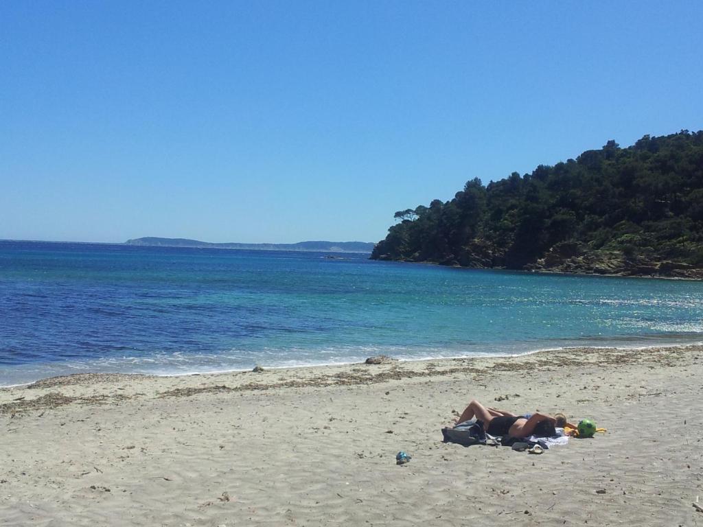 ル・ラヴァンドゥーにあるDuplex Vue sur Mer et Pieds dans l'eau Plage de Pramousquierの水辺の浜辺に横たわる者