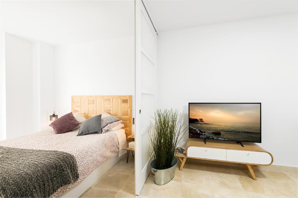 sypialnia z łóżkiem i telewizorem z płaskim ekranem w obiekcie Apartamento Lujo Ancha del Carmen w Maladze