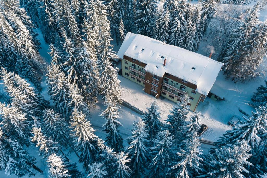 an aerial view of a building in a snow covered forest at Hotel Jasná in Belá