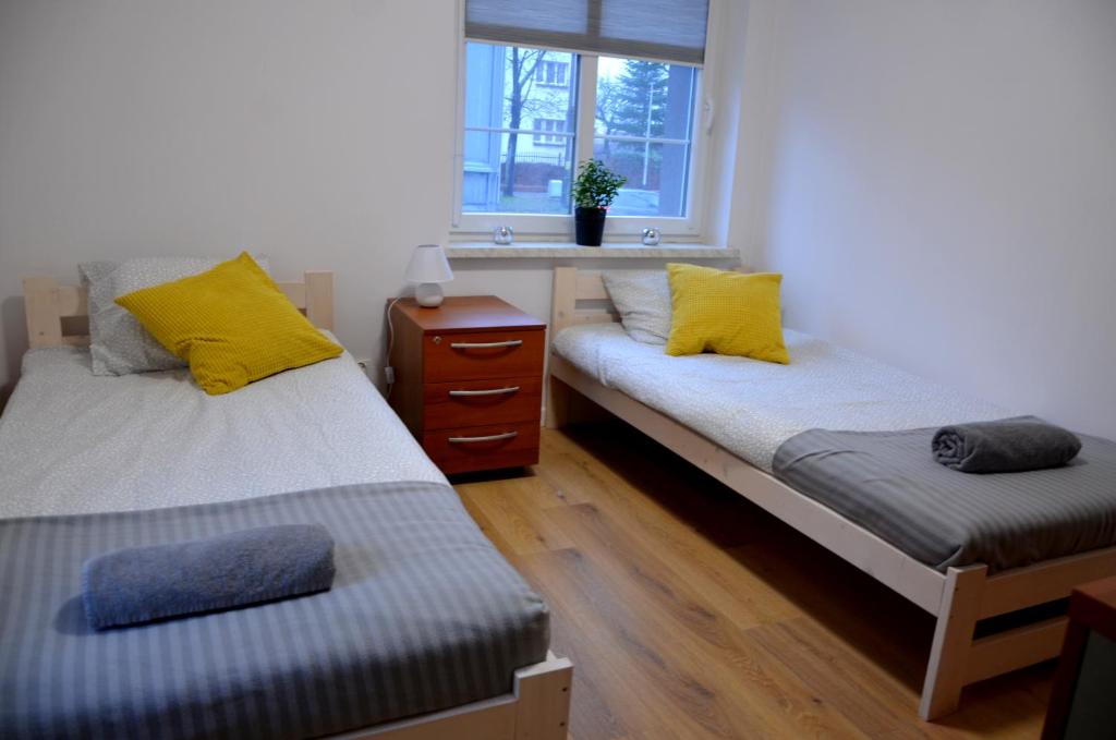 2 łóżka pojedyncze w pokoju z oknem w obiekcie Hostel 55 - darmowy parking we Wrocławiu