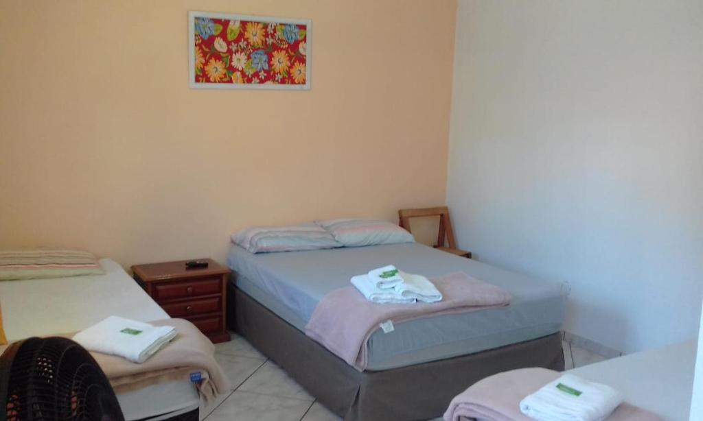 1 dormitorio con 2 camas individuales y una foto en la pared en Pousada Dedo de Deus, en Paraisópolis