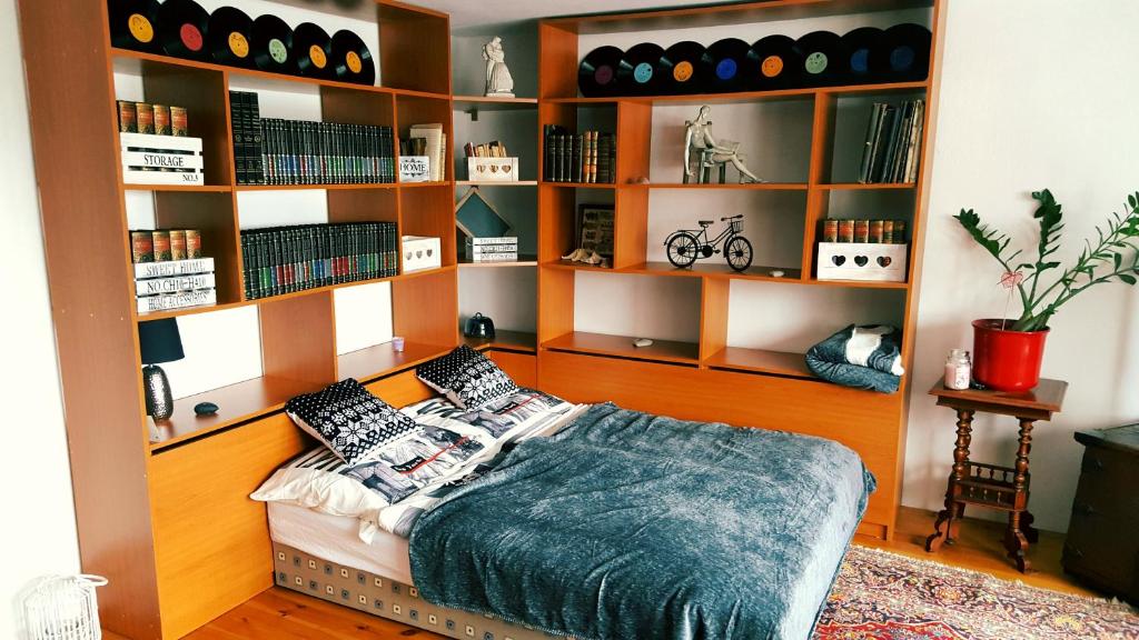 Martin´s House في مارتين: غرفة نوم بسرير وارفف الكتب