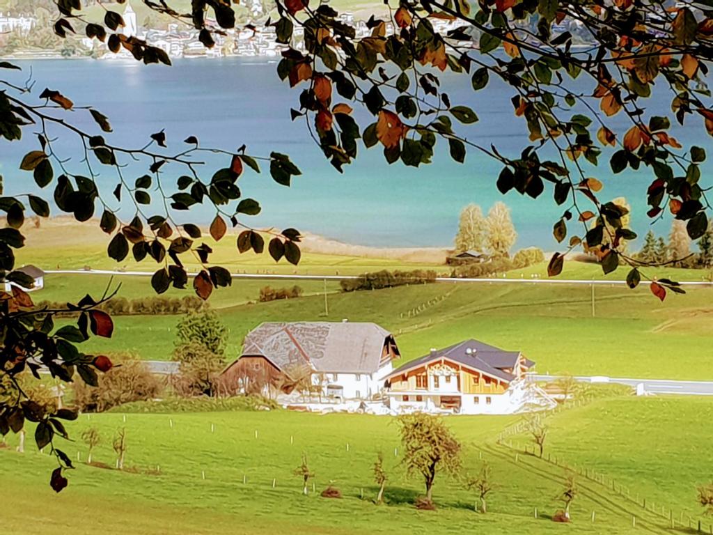 una casa en un campo verde con una granja en Fumerhof, en Strobl
