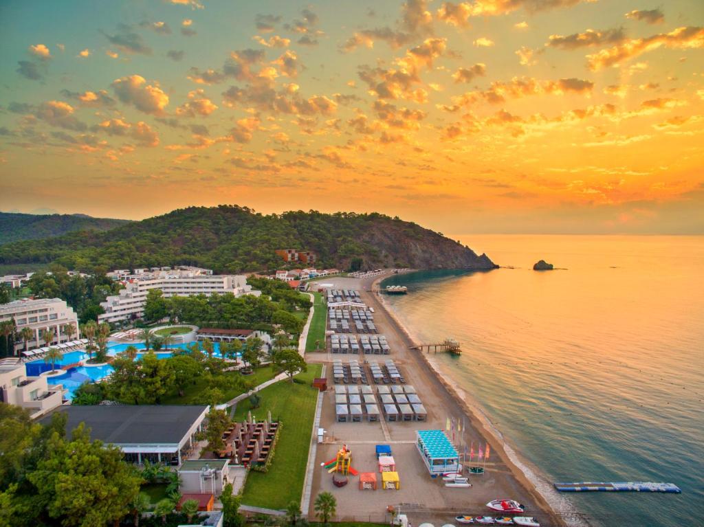 an aerial view of a beach at sunset at Rixos Premium Tekirova - The Land of Legends Access in Tekirova