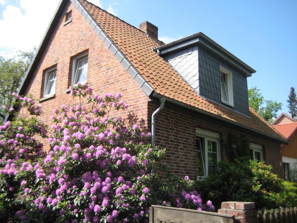 una casa con flores rosas delante de ella en Boer, en Soltau