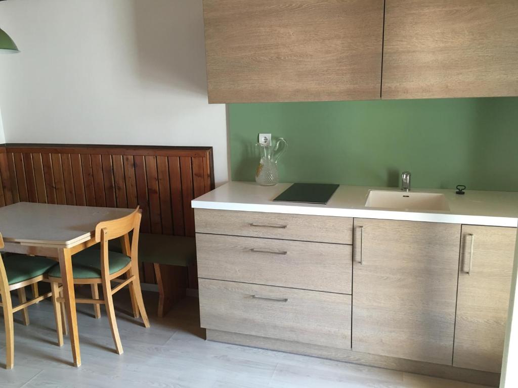 a kitchen with a table and a sink and a counter at Kleines Kellerstöckl Nimm 2 in Rechnitz