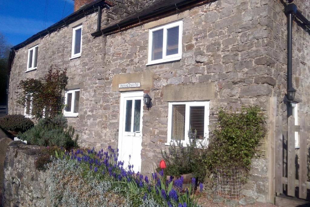 une maison en pierre avec des fleurs violettes devant elle dans l'établissement Hillocks Cottage, Kniveton, à Kniveton