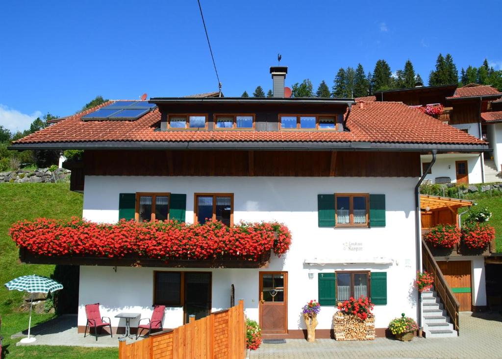 une maison blanche avec des fleurs rouges devant elle dans l'établissement Landhaus Kaspar, à Bad Hindelang