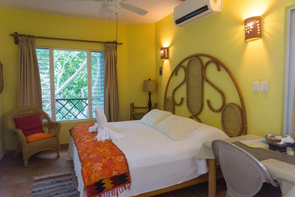 a bedroom with a large bed and a window at Sea Hawk Suites in Isla Mujeres