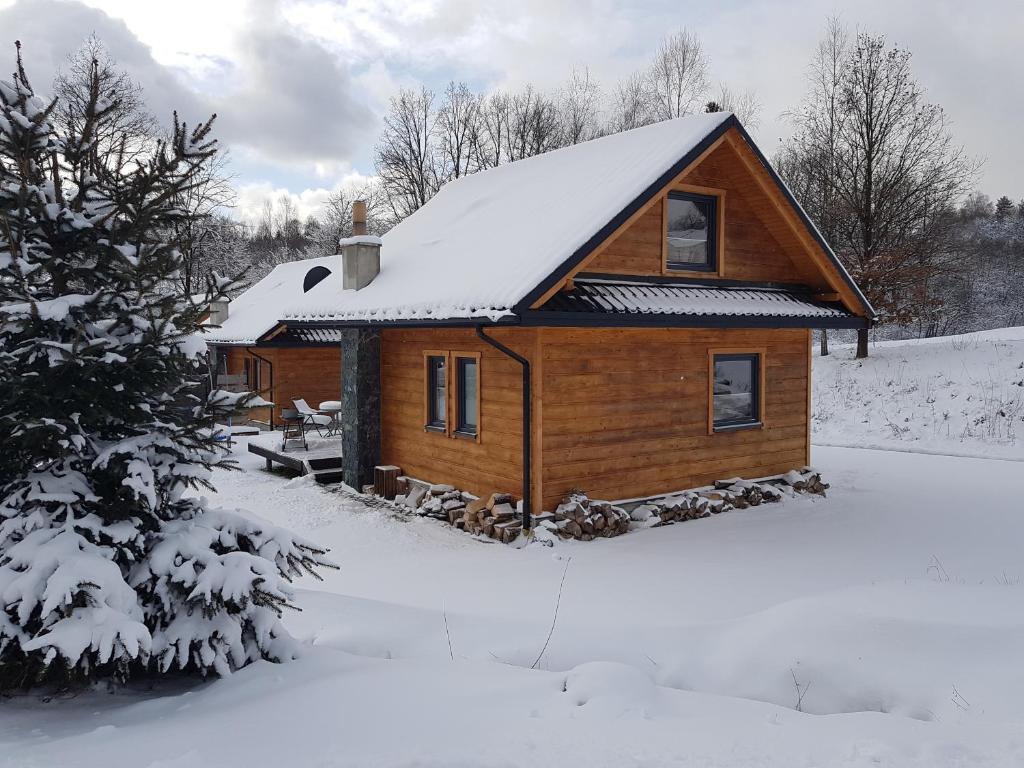 een blokhut met sneeuw op het dak bij Domki na Łazach in Uherce Mineralne
