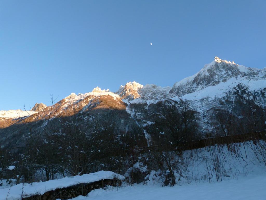 a snow covered mountain with trees in the foreground at La Cubelette in Chamonix
