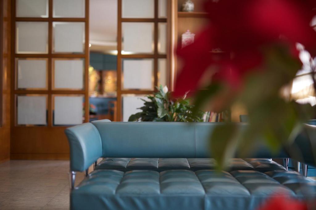 a blue couch in a room with a potted plant at Hotel Del Campo in Matera