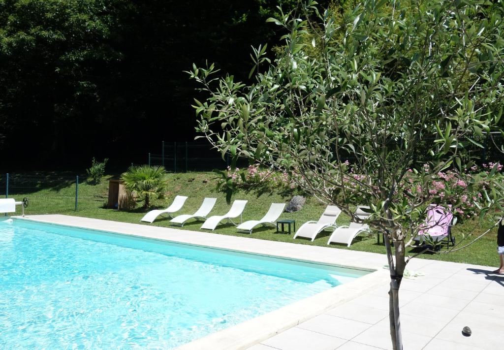 a swimming pool with lounge chairs and a tree at Chambres d'hôtes de charme Le Pradel in Monceaux-sur-Dordogne