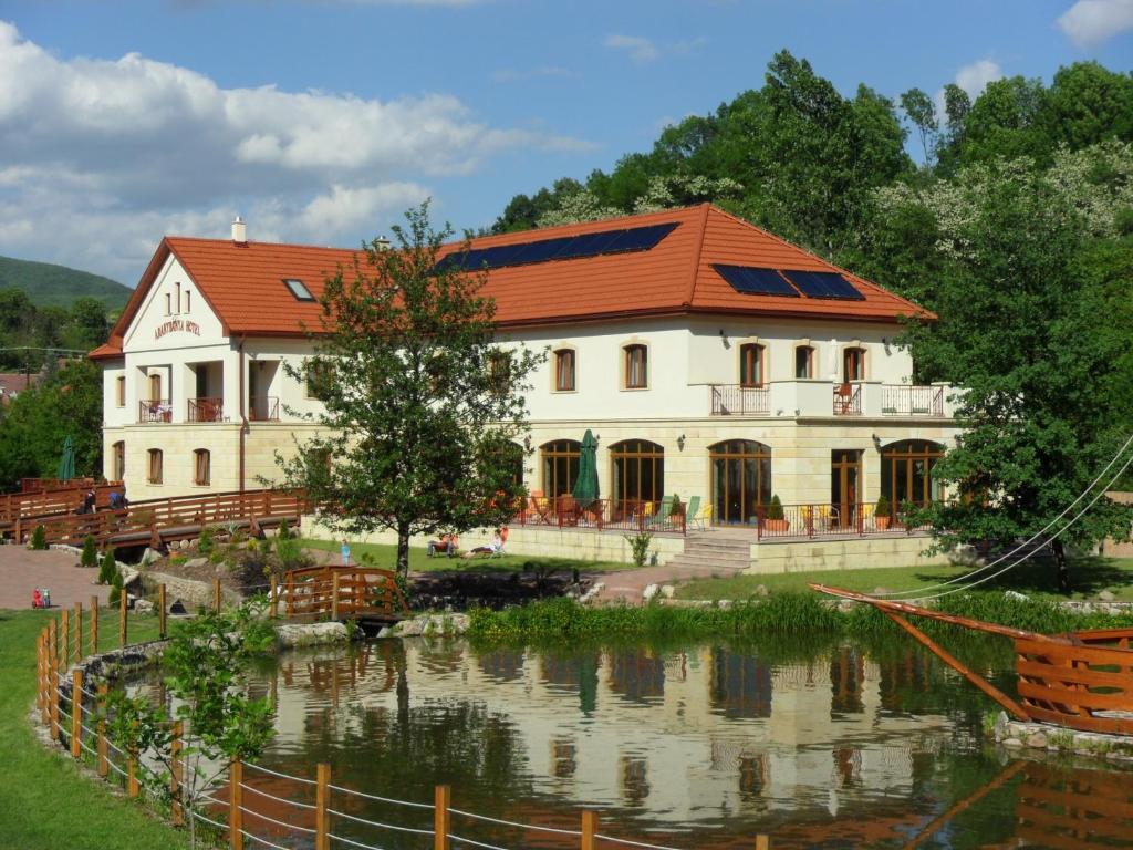 a large building next to a body of water at Aranybánya Hotel in Telkibánya