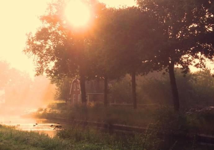 um sol nascendo sobre um corpo de água com árvores em Riley's cottage em Hemrik