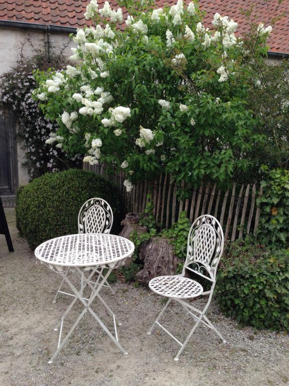 two chairs and a table in front of a bush at Trommelhoeve Farm Lofts in Boechout