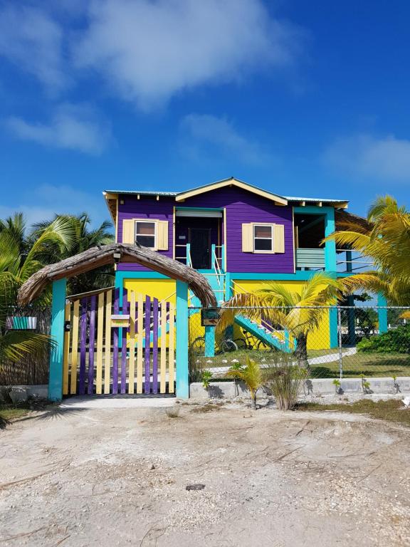 una casa colorida en la playa con palmeras en Slo-N-Ez Villa Terrace (Ocean View), en Caye Caulker