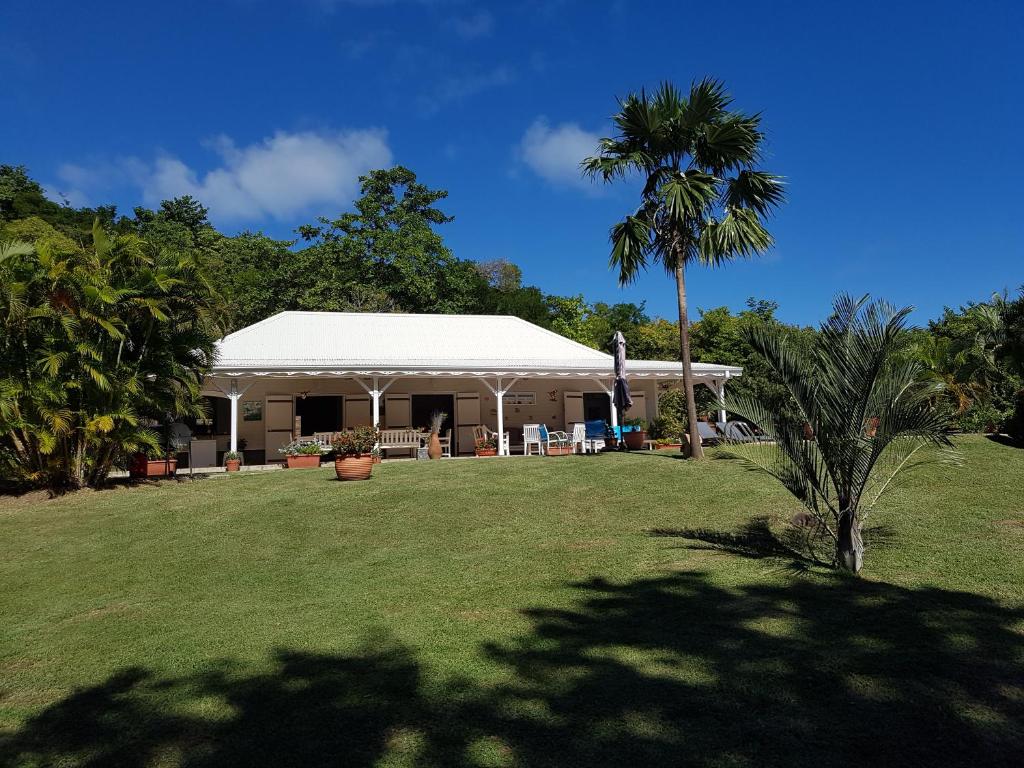 una casa con tenda bianca e palma di L'Ecrin Vert a La Trinité