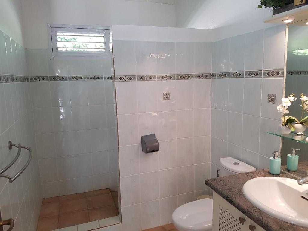 un bagno con doccia, WC e lavandino di L'Ecrin Vert a La Trinité