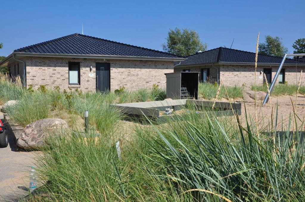 ein Haus mit einem Hof mit hohem Gras in der Unterkunft Bauernhof Lafrenz in Fehmarn