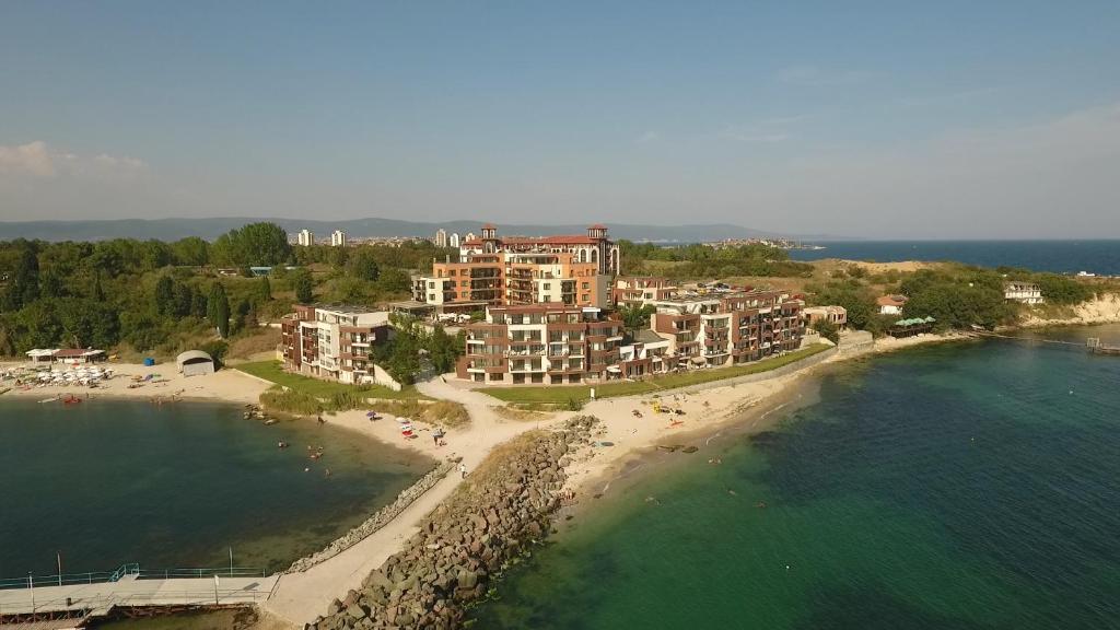 an aerial view of a resort on a beach at Akrotiria Beach Apart Complex in Nesebar