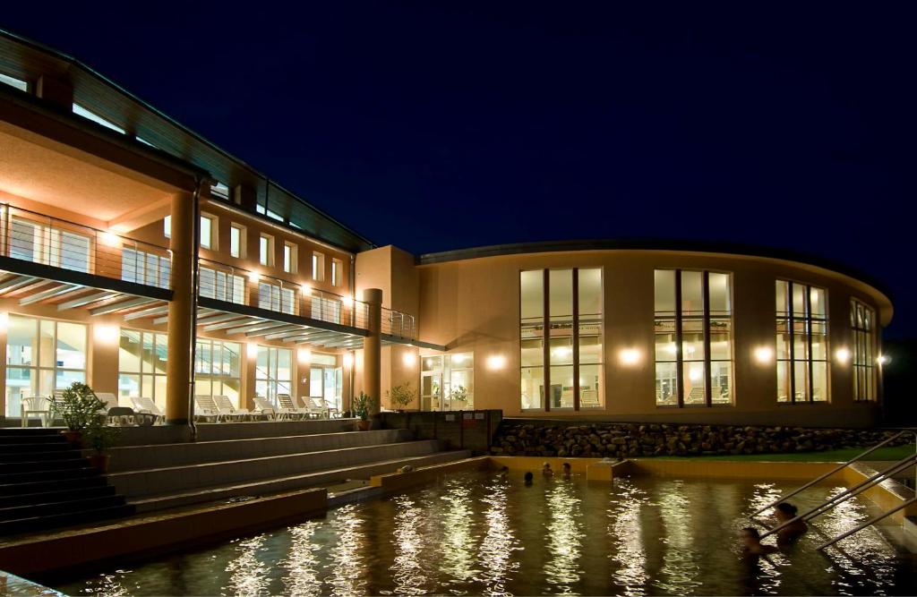 a building with a pond in front of it at night at Term&aacute;lhotel Martfű in Martfů