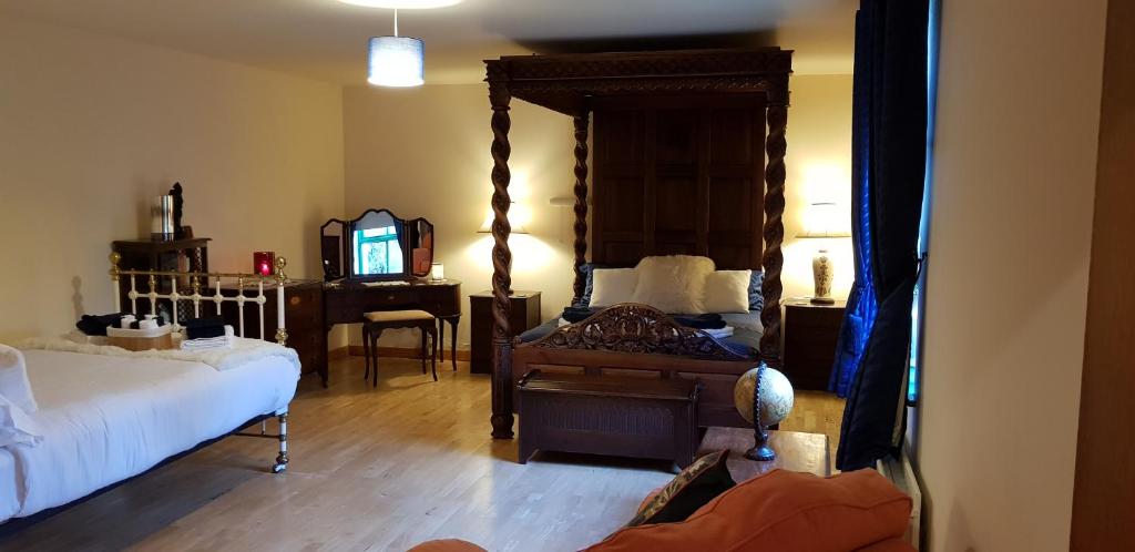 a bedroom with a bed and a mirror and a tv at Stradbally cottages in Castlegregory