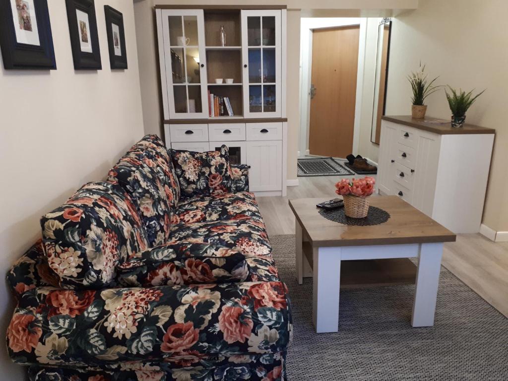 a living room with a couch and a table at Apartament Natalia in Polanica-Zdrój