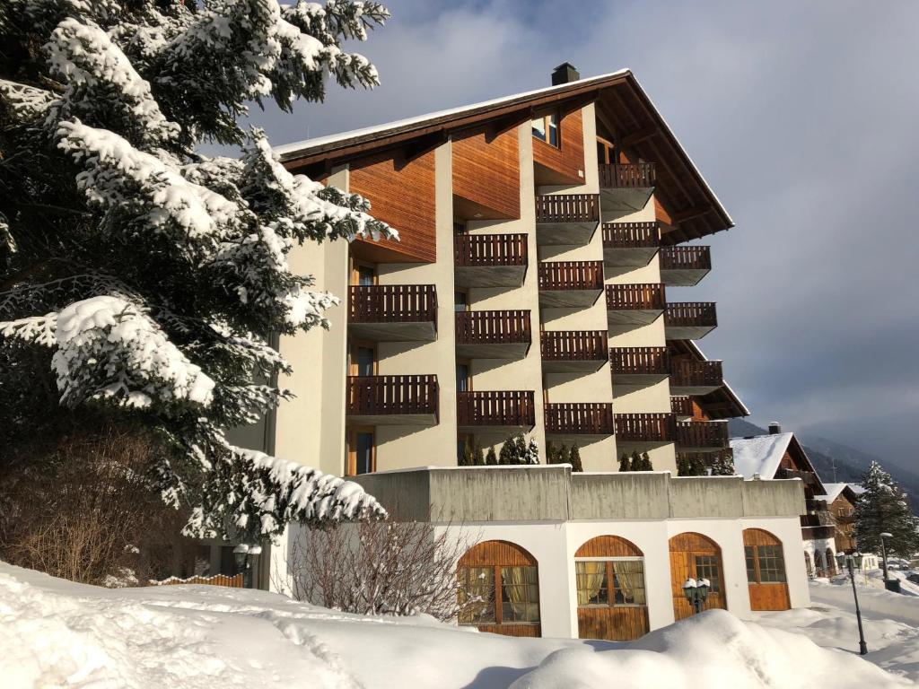 a large building in the snow with snow covered trees at Catrina Hotel in Disentis
