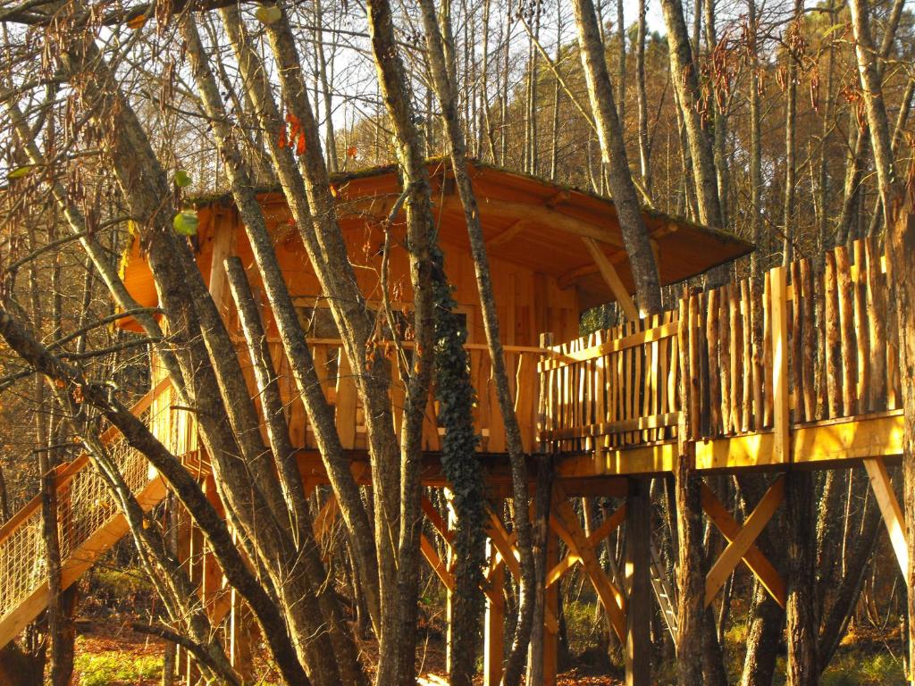 uma casa de madeira na árvore no meio das árvores em Cabane des cerfs em Allons