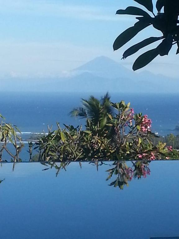 a view of the ocean from a pool with flowers at The Puncak Lombok in Senggigi