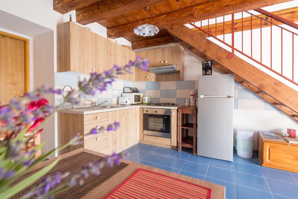 a kitchen with a white refrigerator and wooden cabinets at Apartment Janet in Luka