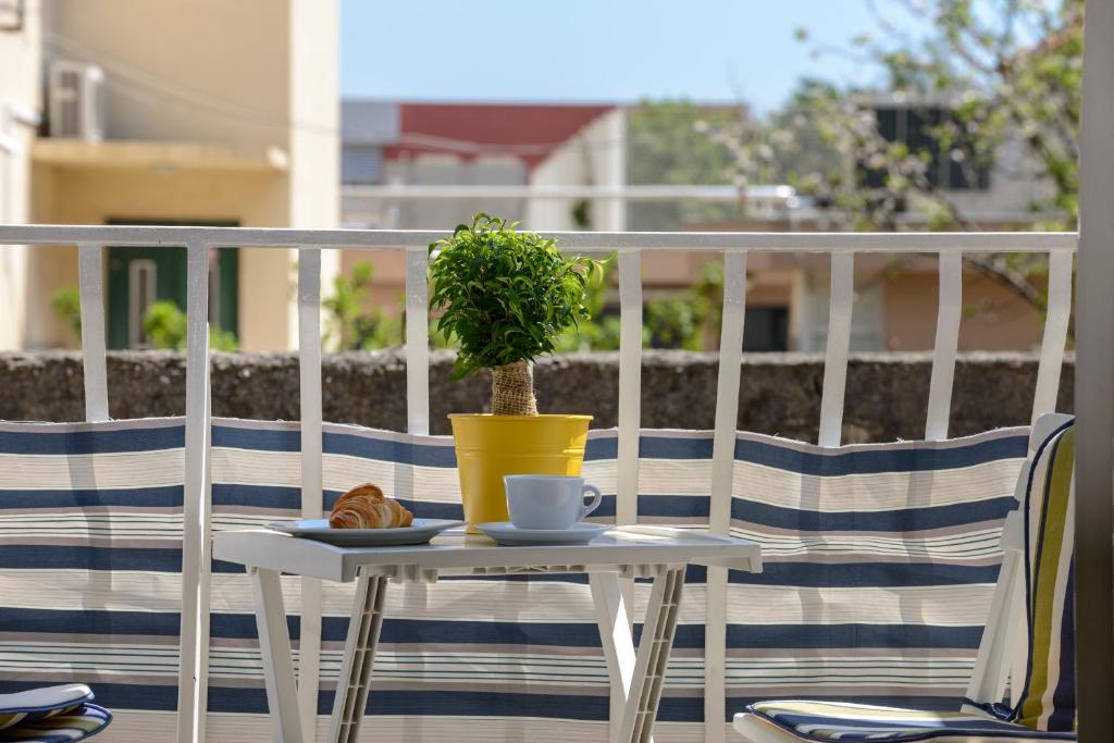 a table with a plant and a cup on a balcony at Apartment Ilko in Dubrovnik