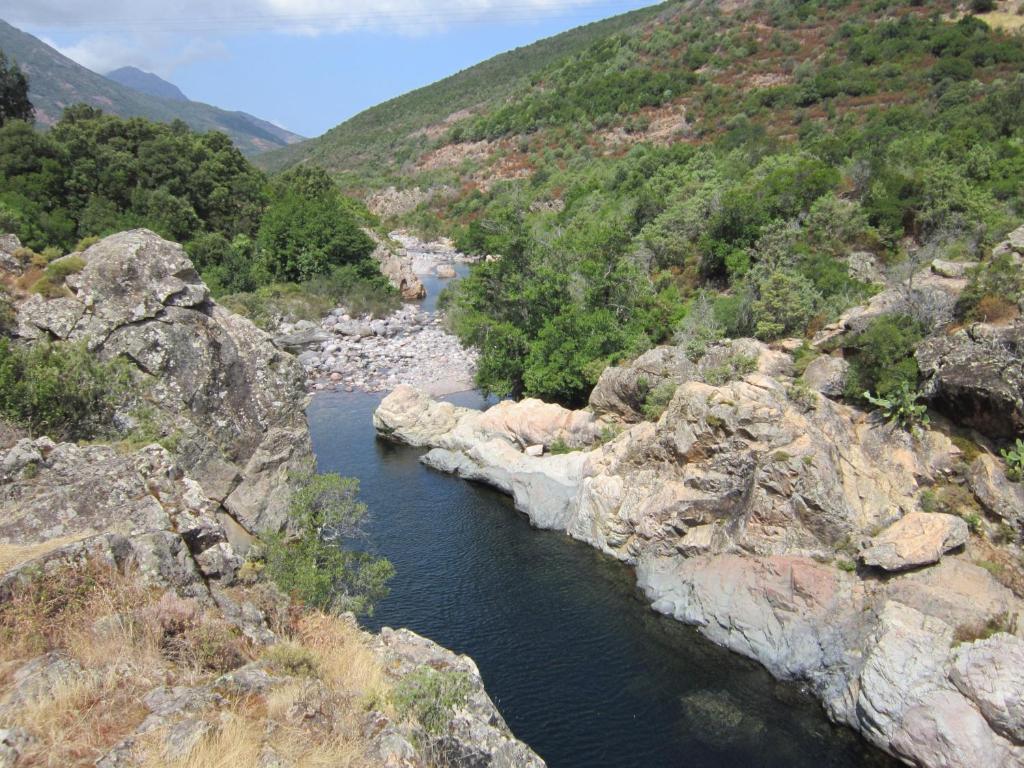 Un río en medio de una montaña con rocas en Au pont de Tuarelli, Ludique, Galeria, Corse, en Manso