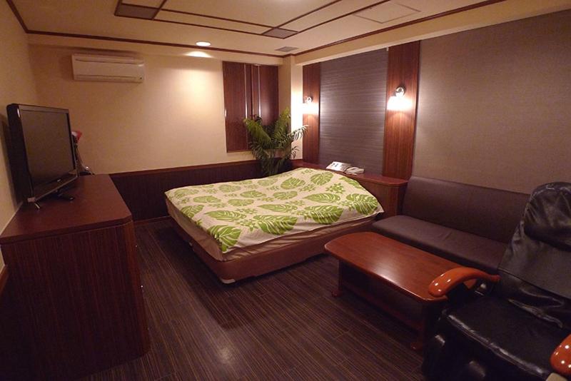 a hotel room with a bed and a couch at Hotel GOLF Atsugi (Adult Only) in Atsugi