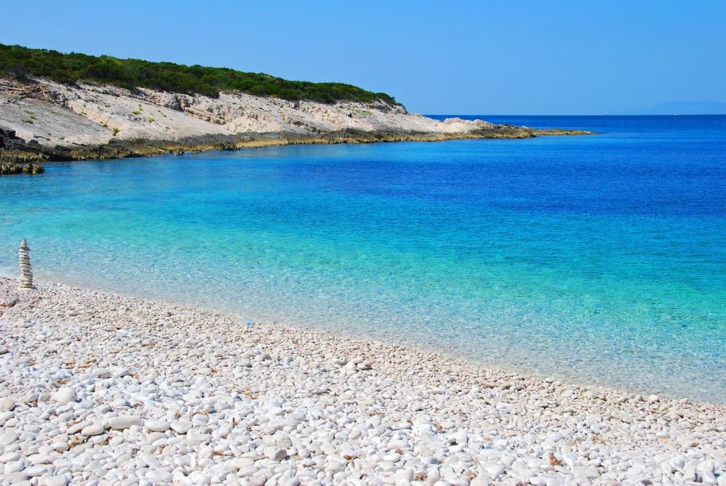 a rocky beach with blue water and a rocky shore at Vila Mila in Vela Luka