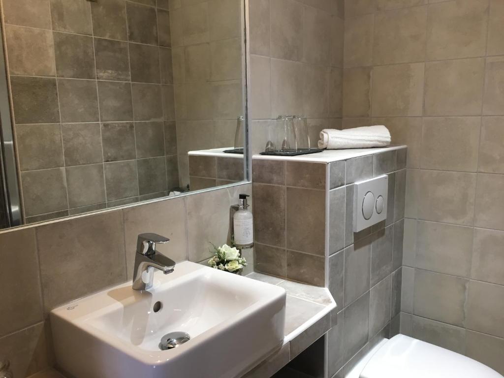 uma casa de banho com um lavatório, um WC e um espelho. em Hôtel du Parc em Montpellier