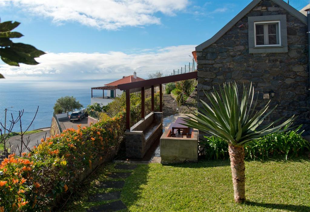 ein Haus mit einer Palme im Hof in der Unterkunft Casa da Manta - Palheiro in Fajã da Ovelha