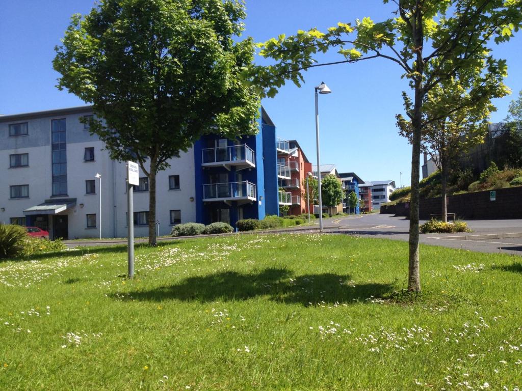 a grassy area with two trees in front of a building at Clarion Village in Sligo