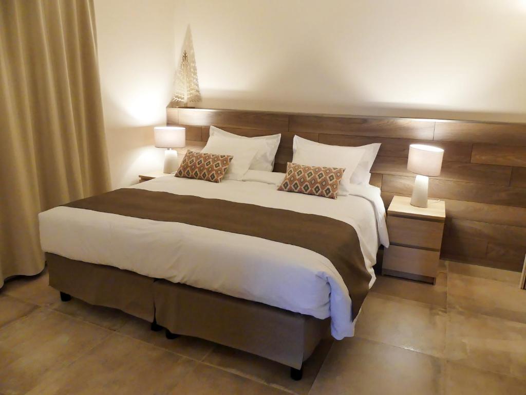 a bedroom with a large bed with two lamps at Chambres D'hôtes Les Ambaciales in Amboise