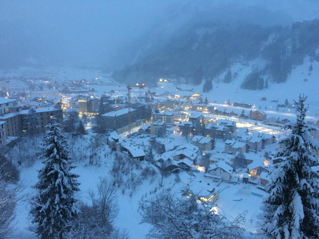 een stad bedekt met sneeuw 's nachts met lichten bij Nice Apartment private host Engelberg in Engelberg