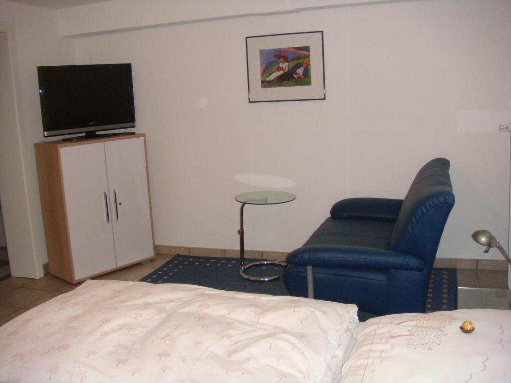 a bedroom with a bed and a tv and a chair at Ferienwohnung Thimm in Bad Krozingen