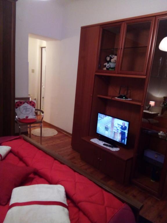 salon z czerwoną kanapą i telewizorem w obiekcie Casa Vacanze Poison w Trieście