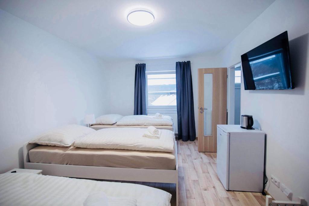 a bedroom with two beds and a flat screen tv at Apartmán Petra in HoÅ¡Å¥ka