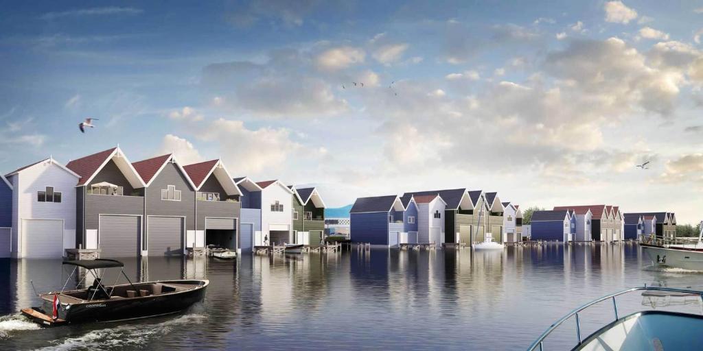 a rendering of a row of houses on the water at Boothuis 64 Harderwijk in Harderwijk