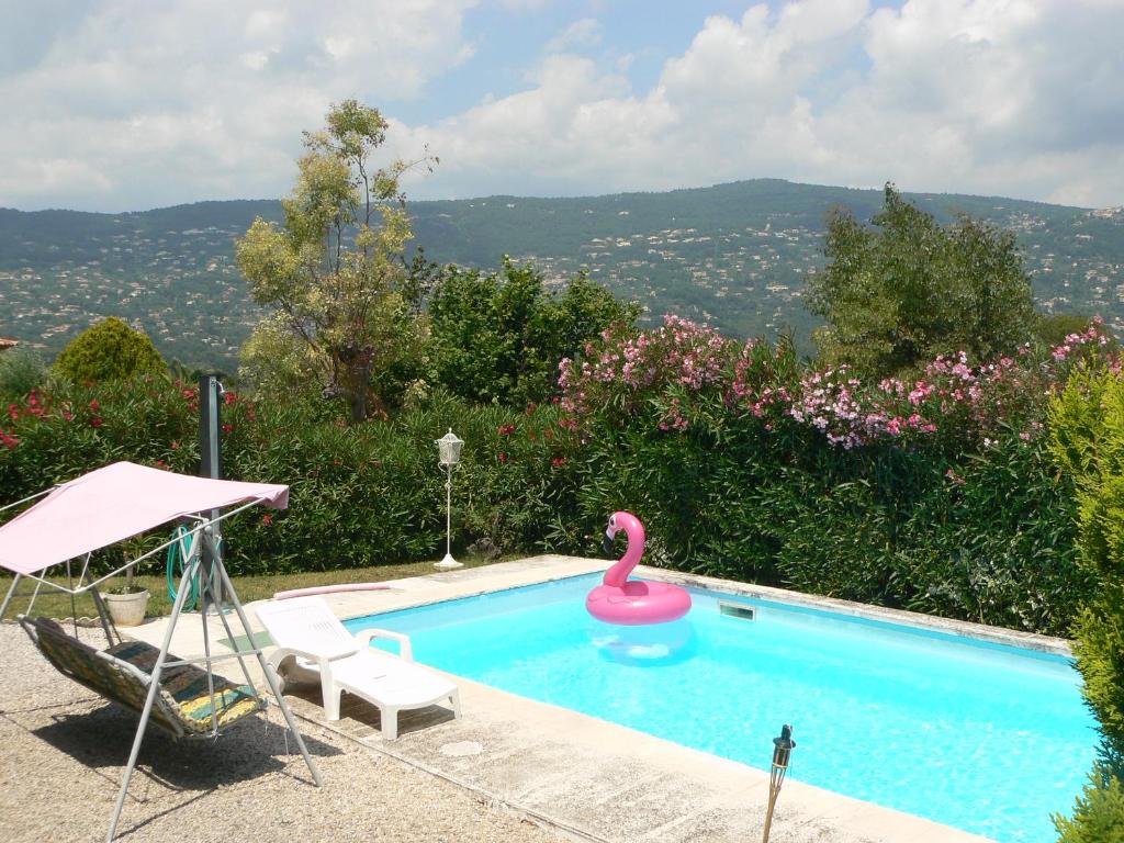 a swimming pool with a pink swan and a float at La Quiétude in Peymeinade